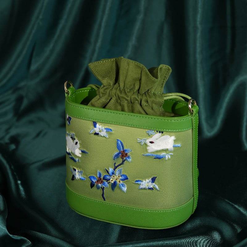Handcrafted Embroidered Silk Osmanthus Green Bucket Bag