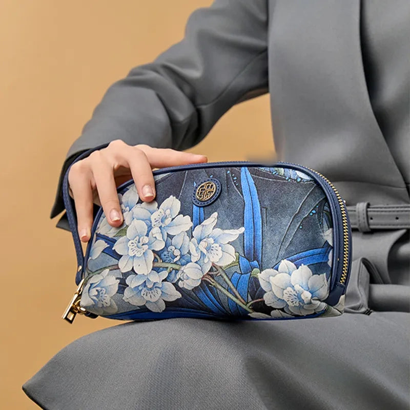 Chinoiserie Luxury Large-Capacity Blue Orchid Print Clutch