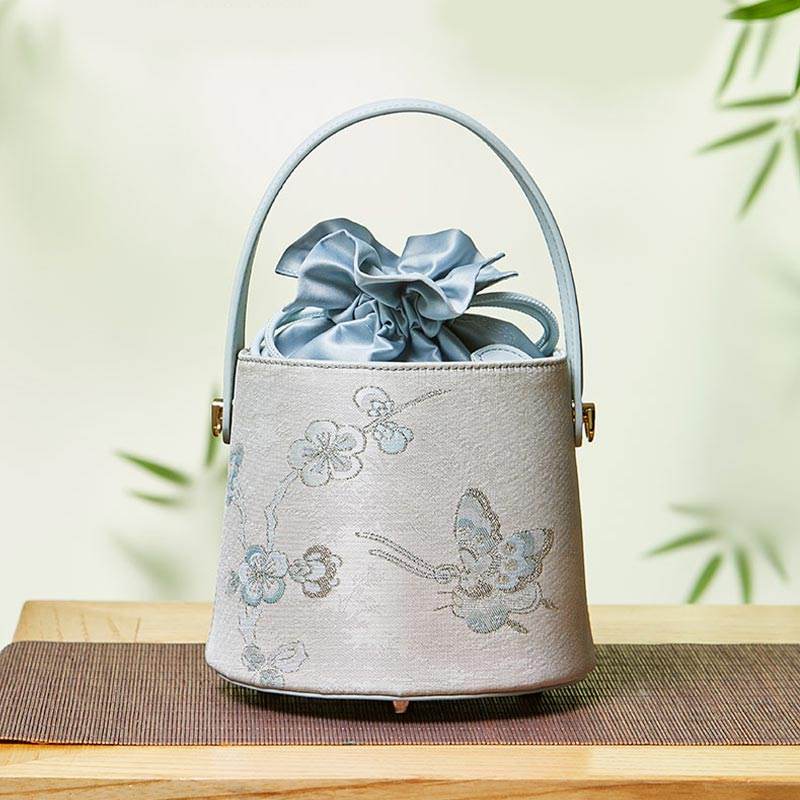Brocade Jacquard Leather Drawstring Blue Butterfly Bucket Bag
