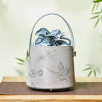 Brocade Jacquard Leather Drawstring Blue Butterfly Bucket Bag