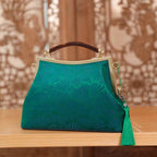 Mulberry Silk Green Pine Leaf Vintage Kiss Lock Clasp Bag
