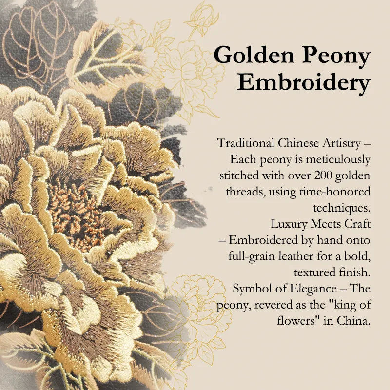 Embroidery Leather Black Lady Bag Gold Peony Luxury Handbag