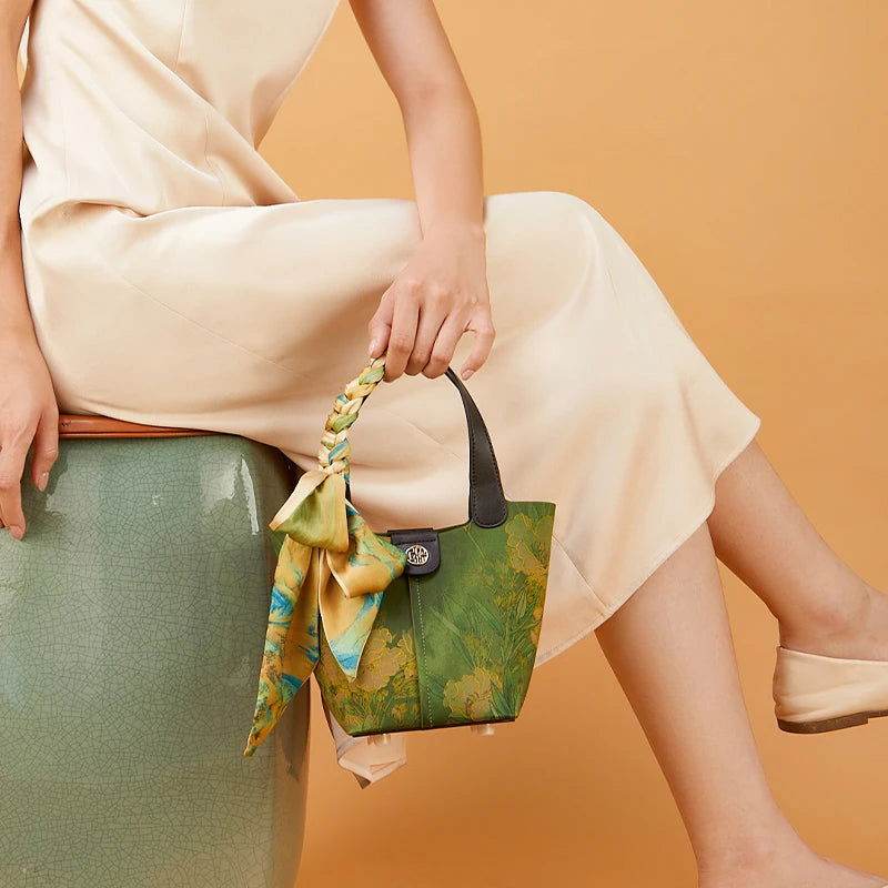Xiangyunsha Silk Dark Green Bucket Bag with Scarf