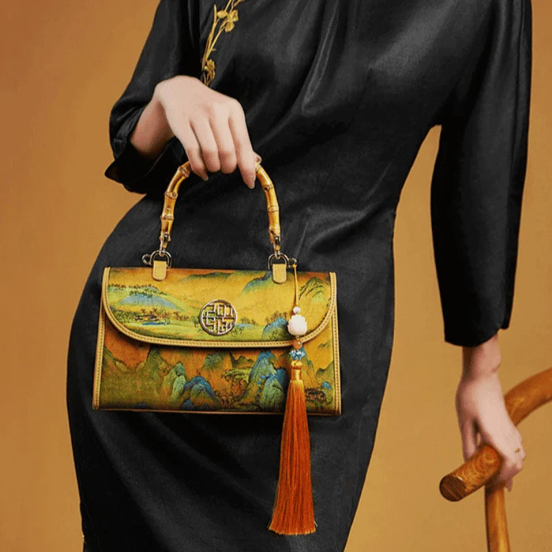 Chinese Painting Xiangyunsha Silk Bamboo Handle Barrel Handbag