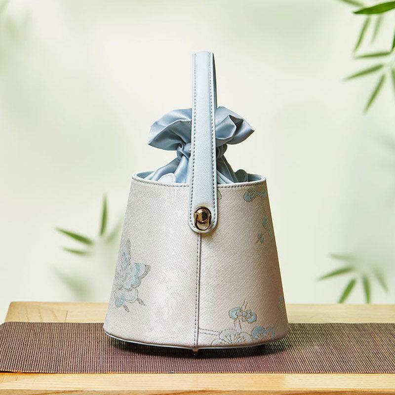 Brocade Jacquard Leather Drawstring Blue Butterfly Bucket Bag