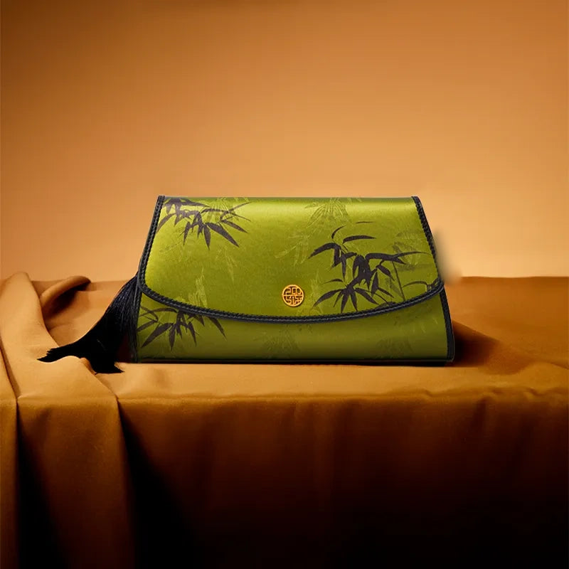 Chinoiserie Vintage Brown Mulberry Silk Bamboo Print Clutch