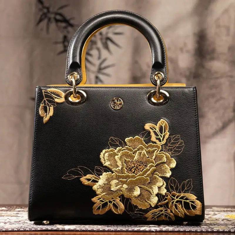 Embroidery Leather Black Lady Bag Gold Peony Luxury Handbag