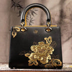 Embroidery Leather Black Lady Bag Gold Peony Luxury Handbag