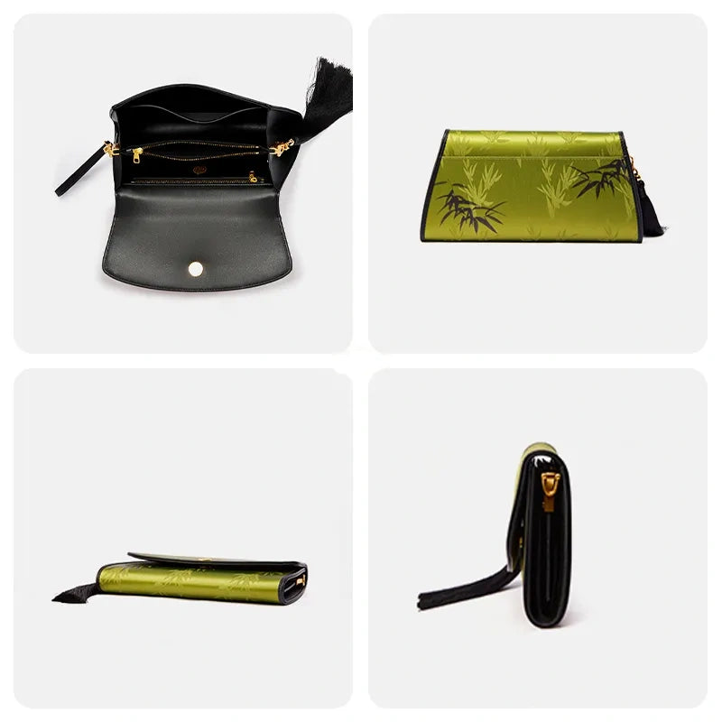 Chinoiserie Vintage Green Mulberry Silk Bamboo Print Clutch