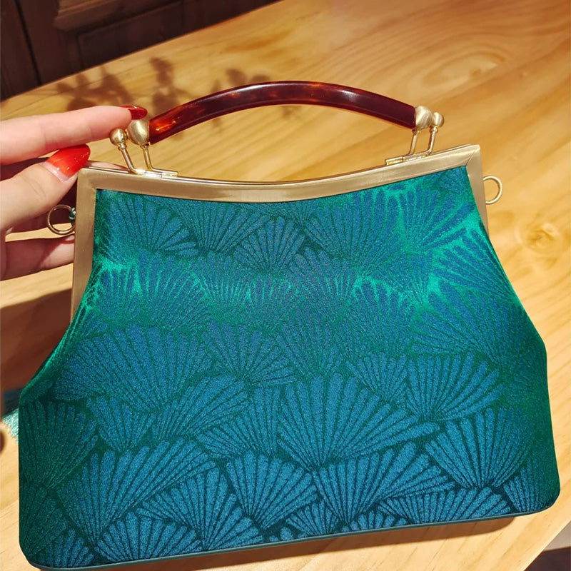 Mulberry Silk Green Pine Leaf Vintage Kiss Lock Clasp Bag