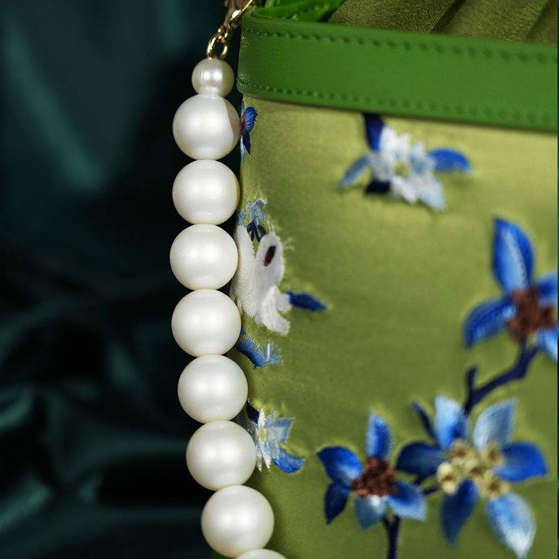 Handcrafted Embroidered Silk Osmanthus Green Bucket Bag