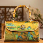 Chinese Painting Xiangyunsha Silk Bamboo Handle Barrel Handbag