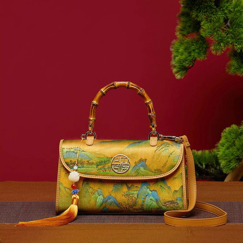 Chinese Painting Xiangyunsha Silk Bamboo Handle Barrel Handbag