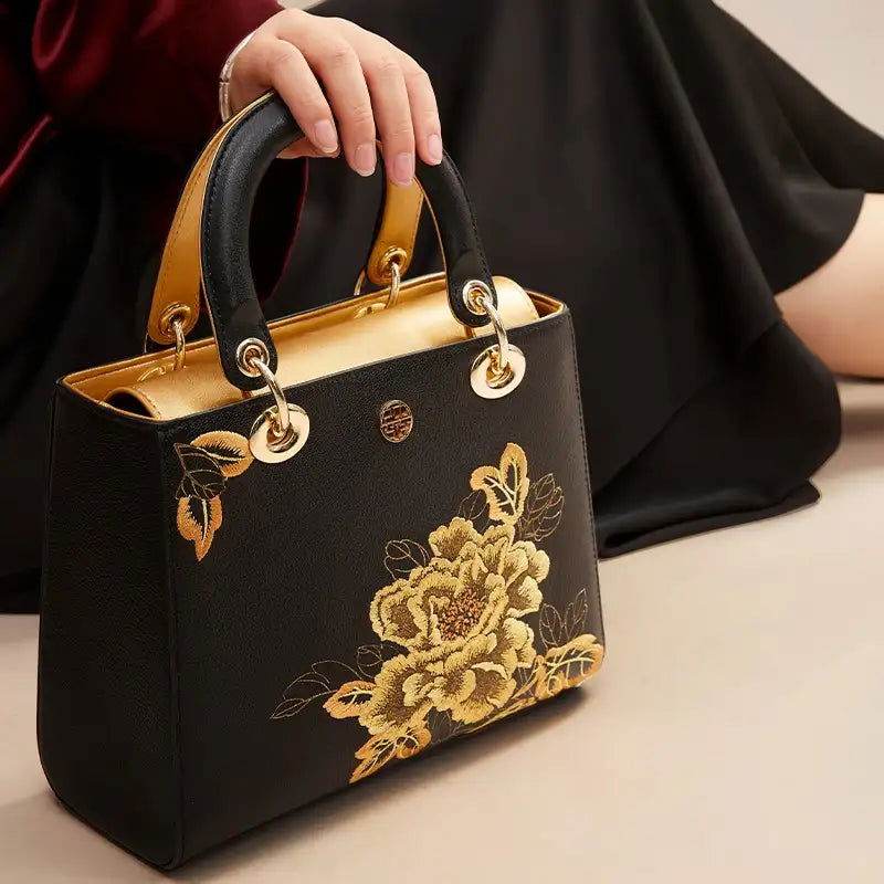 Embroidery Leather Black Lady Bag Gold Peony Luxury Handbag