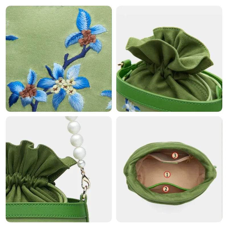 Handcrafted Embroidered Silk Osmanthus Green Bucket Bag