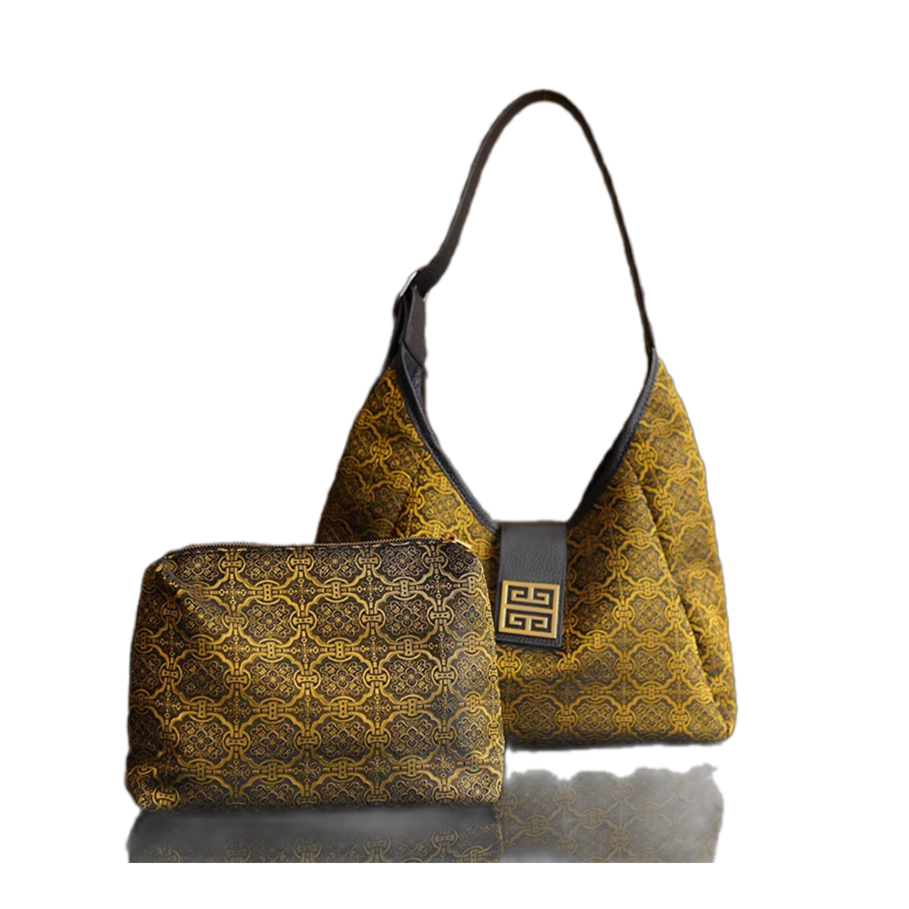 Song Brocade Chinese-Style Golden Ding Sheng Motif Hobo Bag - Leather Shoulder & Handheld Mother-Daughter Bag