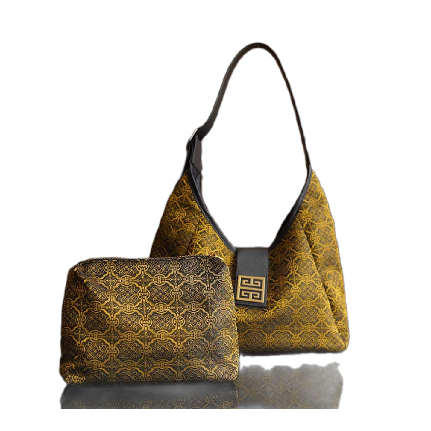 Song Brocade Chinese-Style Golden Ding Sheng Motif Hobo Bag - Leather Shoulder & Handheld Mother-Daughter Bag