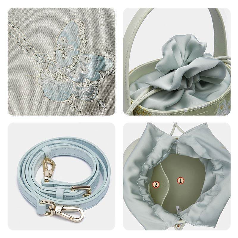 Brocade Jacquard Leather Drawstring Blue Butterfly Bucket Bag