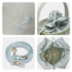 Brocade Jacquard Leather Drawstring Blue Butterfly Bucket Bag