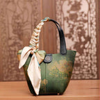 Xiangyunsha Silk Dark Green Bucket Bag with Scarf