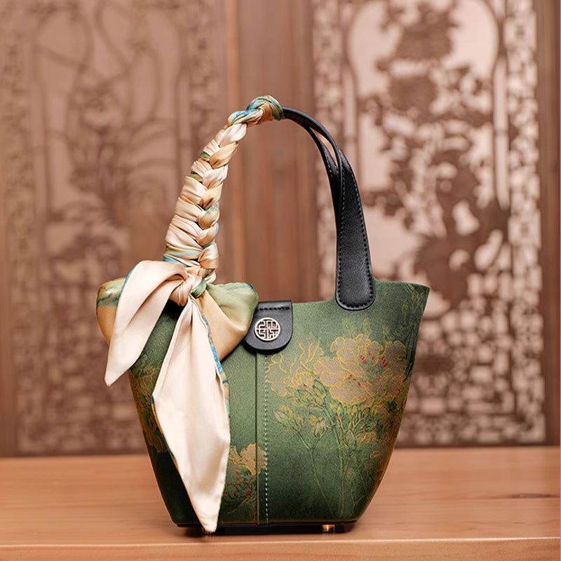 Xiangyunsha Silk Dark Green Bucket Bag with Scarf