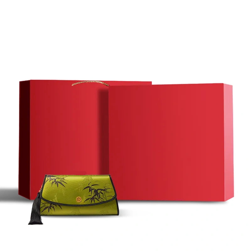 Chinoiserie Vintage Green Mulberry Silk Bamboo Print Clutch