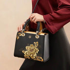 Embroidery Leather Black Lady Bag Gold Peony Luxury Handbag