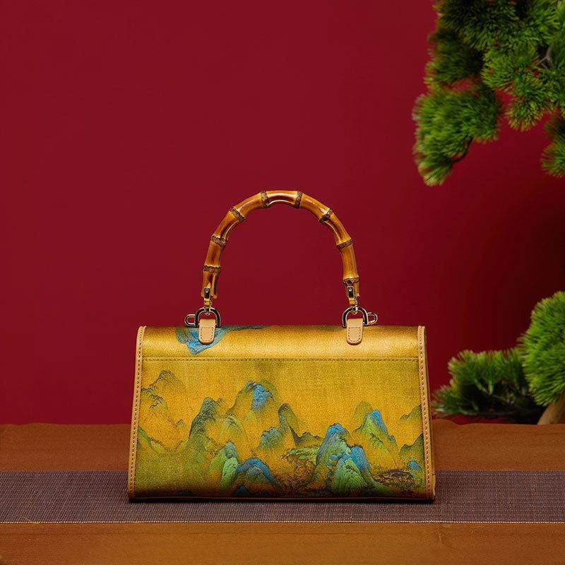 Chinese Painting Xiangyunsha Silk Bamboo Handle Barrel Handbag