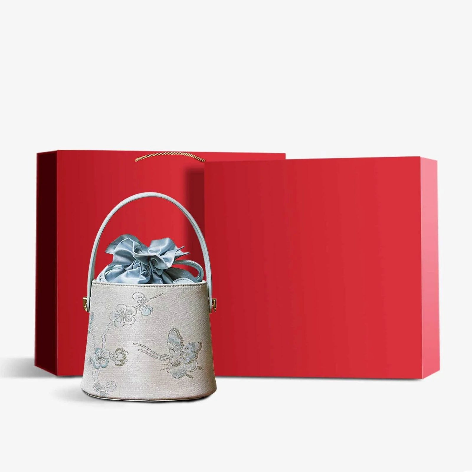 Brocade Jacquard Leather Drawstring Blue Butterfly Bucket Bag