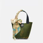 Xiangyunsha Silk Dark Green Bucket Bag with Scarf