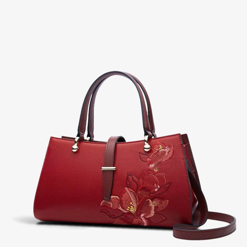 Embroidery Leather Red Magnolia Women's Crossbody Handbag