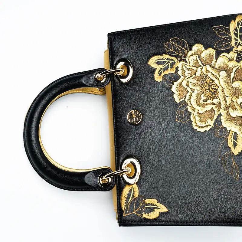 Embroidery Leather Black Lady Bag Gold Peony Luxury Handbag