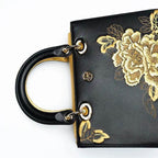 Embroidery Leather Black Lady Bag Gold Peony Luxury Handbag