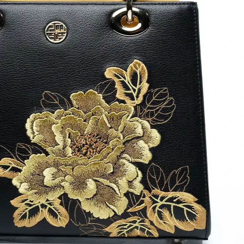 Embroidery Leather Black Lady Bag Gold Peony Luxury Handbag