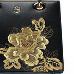 Embroidery Leather Black Lady Bag Gold Peony Luxury Handbag