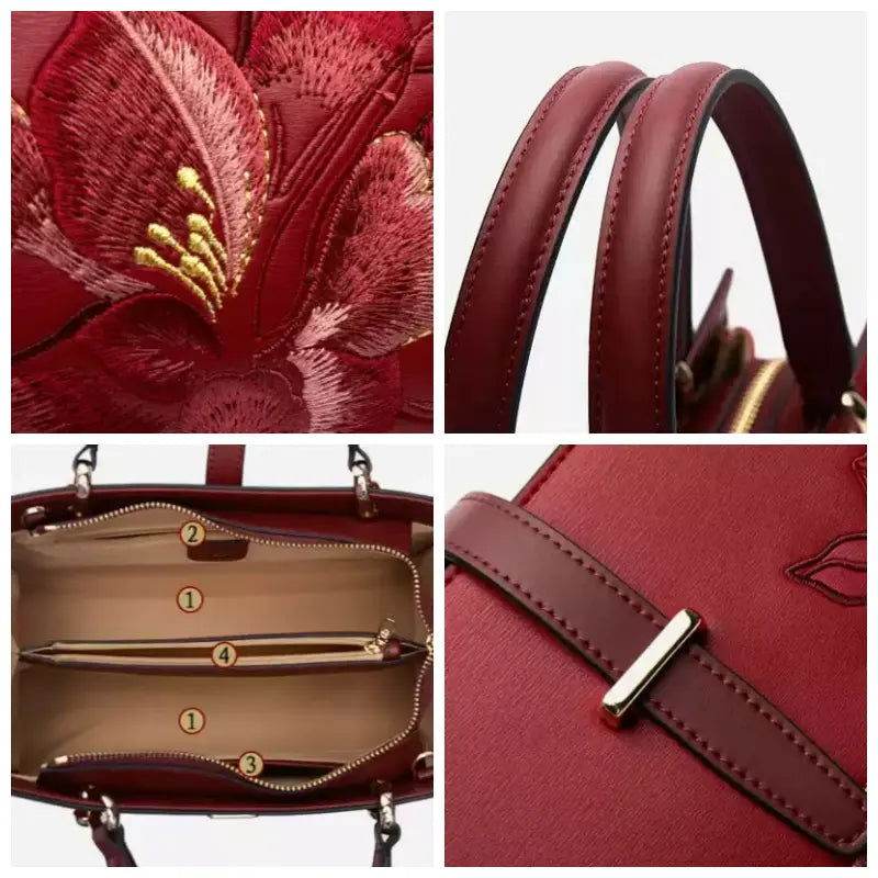 Embroidery Leather Red Magnolia Women's Crossbody Handbag