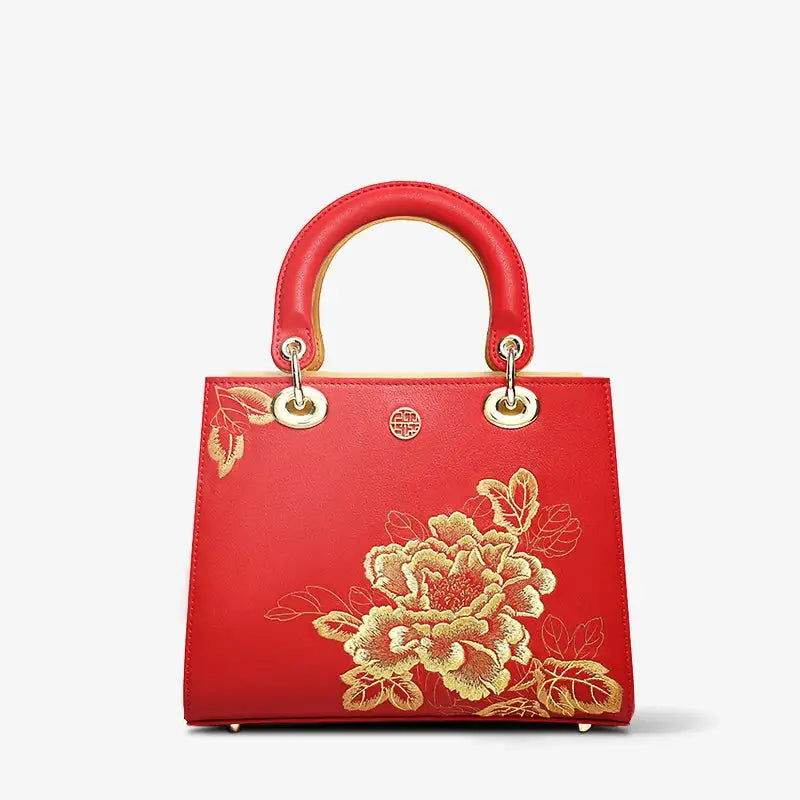 Embroidery Leather Black Lady Bag Gold Peony Luxury Handbag