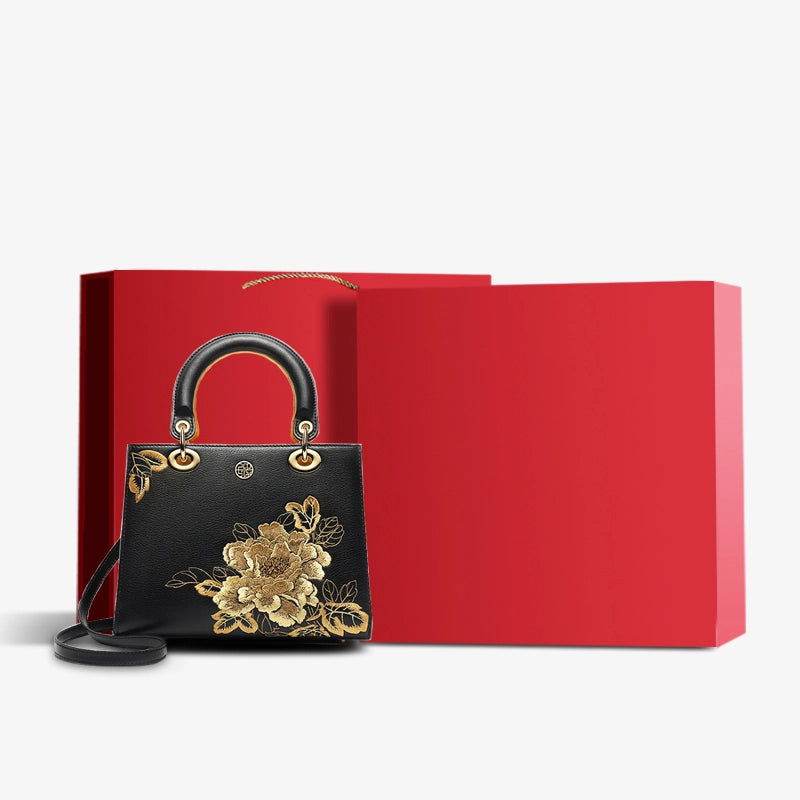 Embroidery Leather Black Lady Bag Gold Peony Luxury Handbag
