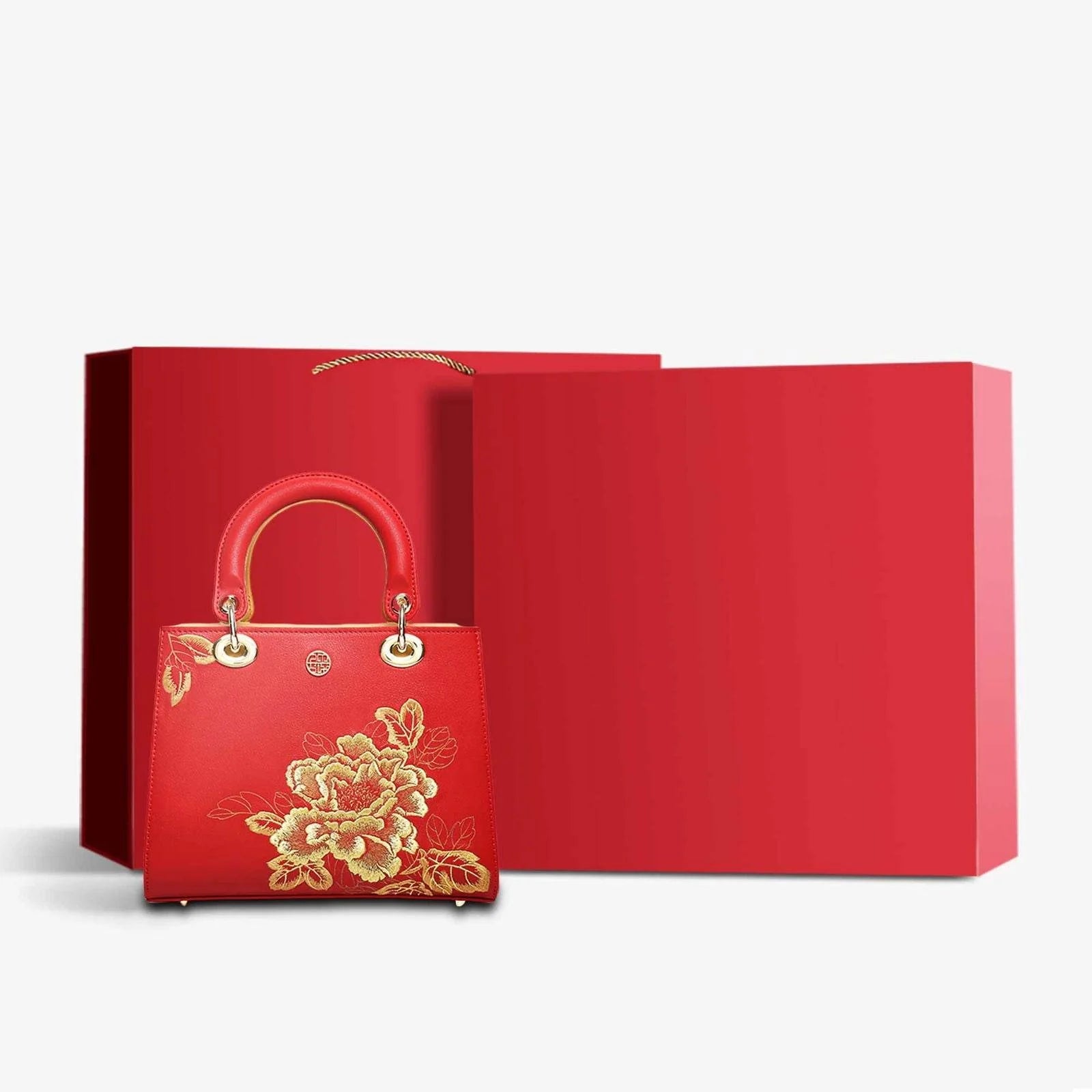 Embroidery Leather Black Lady Bag Gold Peony Luxury Handbag