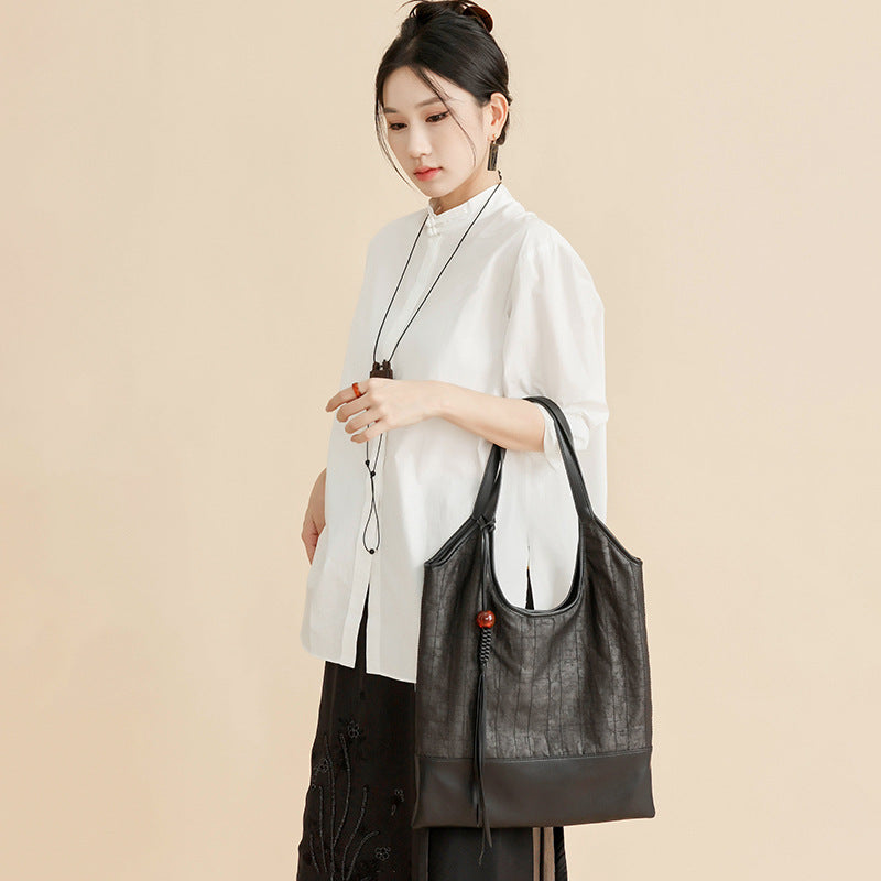 Xiangyunsha Mulberry Silk Tote Bag - Large Capacity, Cracked Texture, ShoulderHandheld