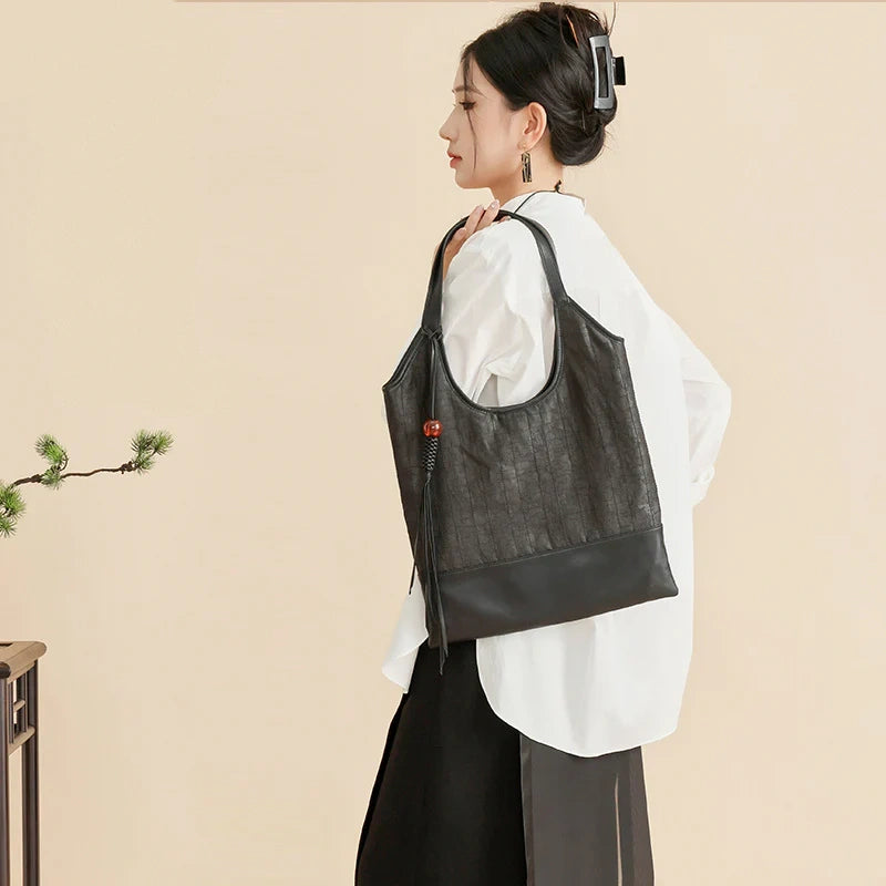 Xiangyunsha Mulberry Silk Tote Bag - Large Capacity, Cracked Texture, ShoulderHandheld