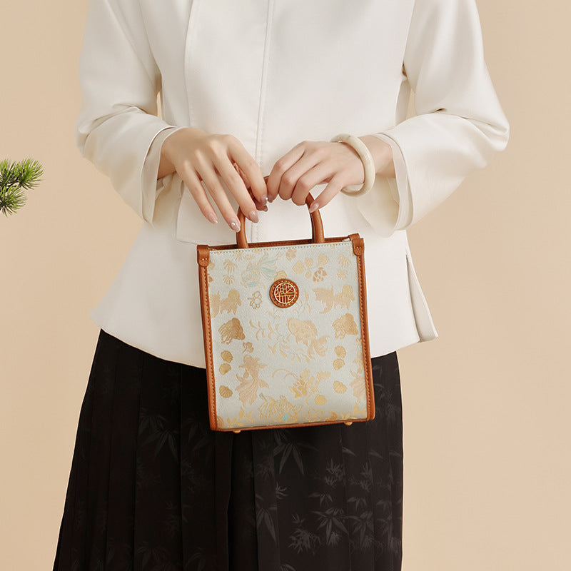 Mulberry Silk Song Brocade Goldfish & Seaweed Fine Knitted Patterns Handheld Shoulder Crossbody Bag