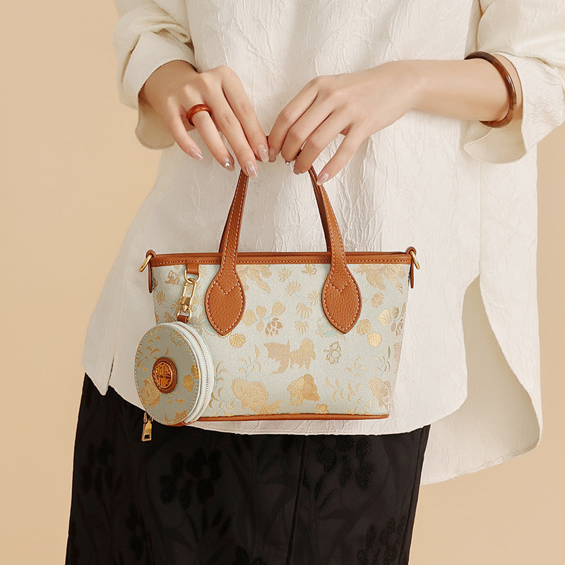 Song Brocade Mulberry Silk Tote Bag - Goldfish & Seaweed Knitted Patterns