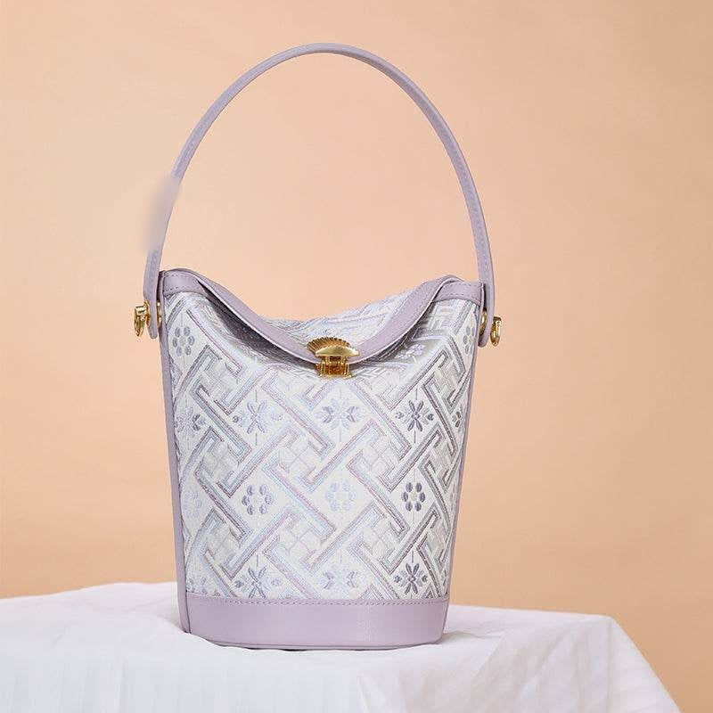 Zhuang Brocade Leather Bucket Crossbody BagRomantic Purple